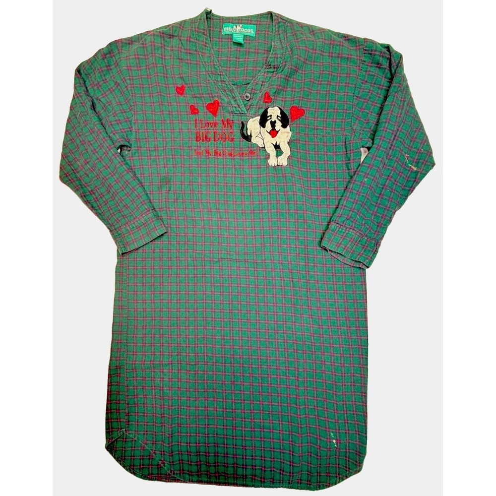 Vintage Big Dogs Flannel Nightgown Sleep Shirt Pajamas S/M Dog Plaid